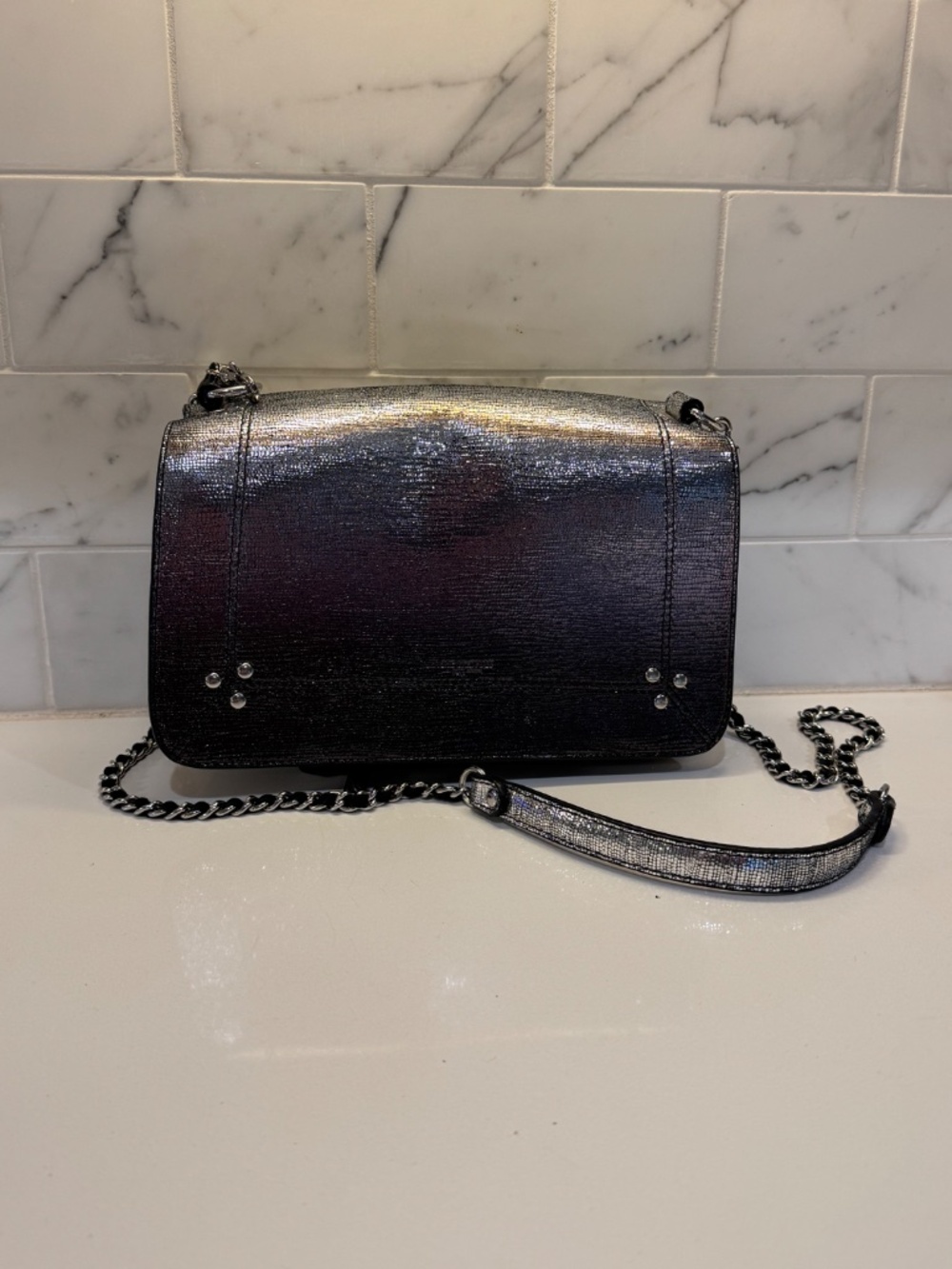 Jerome Dreyfuss Metallic Silver Ombre Leather Flap Crossbody Chain Strap